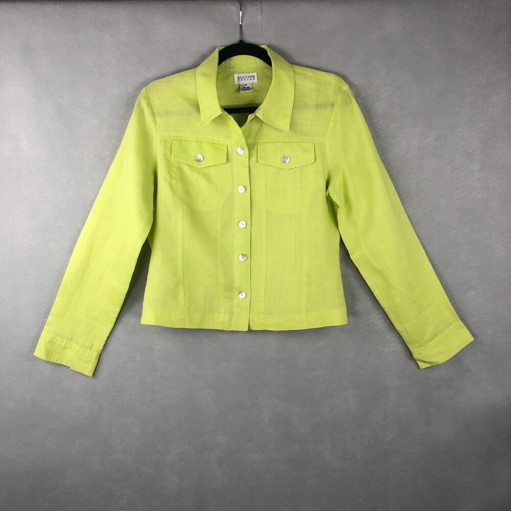 Allison Taylor Linen Top Fluorescent Green Button Front Women's Medium